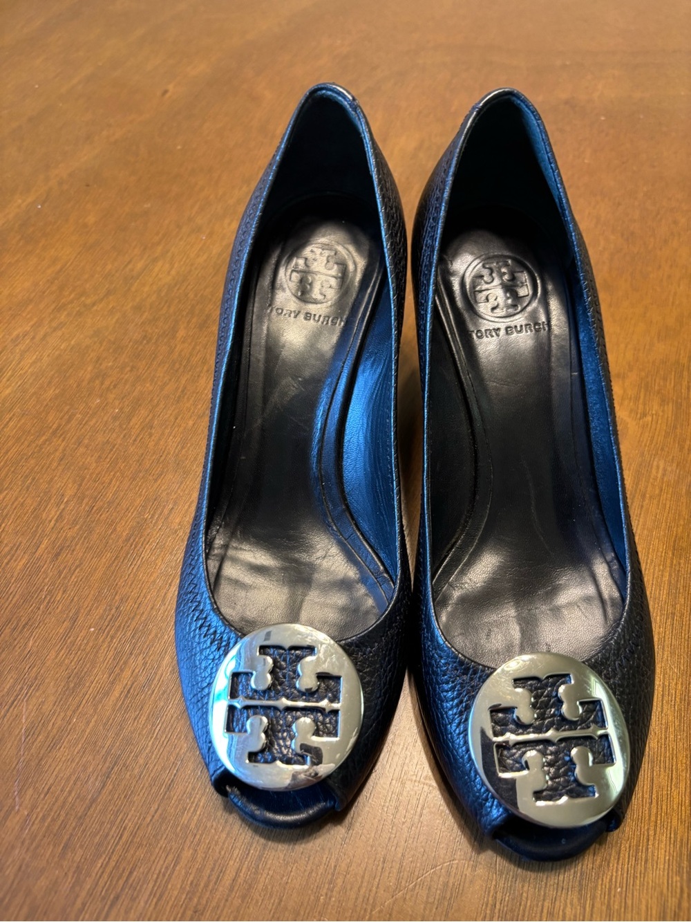 Tory Burch Black Leather Peep-Toe Heels with Logo Medallion